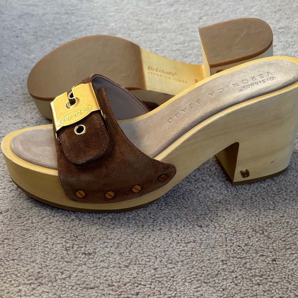 Erotica Beard Dr. Scholl's Brown Suede Mules with Gold Buckle